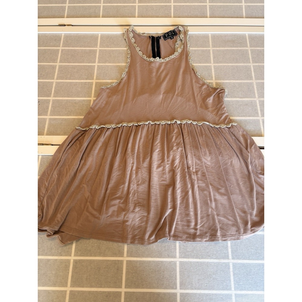 POL Babydoll Pink Mauve Tunic Tank Top Lace Trim Taupe Flowy Sleeveless  M